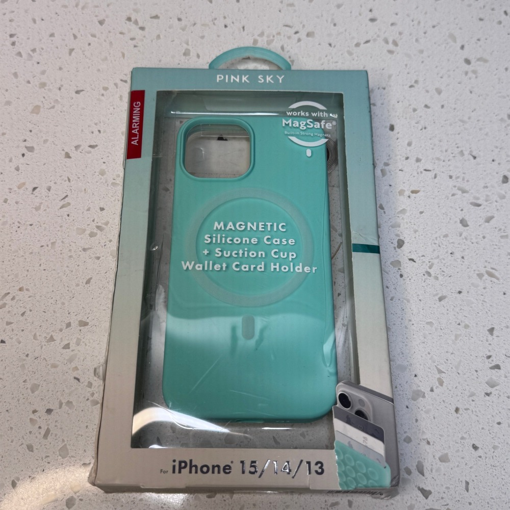 Pink Sky Magnetic Silicone Case Wallet Holder for iPhone 15 14 13‎ Teal MagSafe